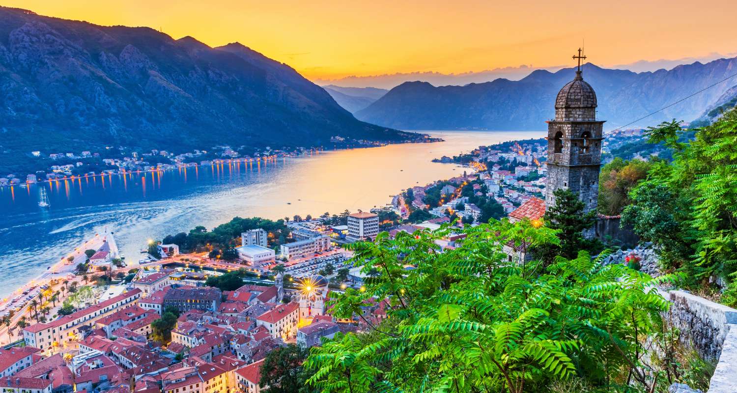 Panoramic sunset view of Kotor and the Bay of Kotor in Montenegro