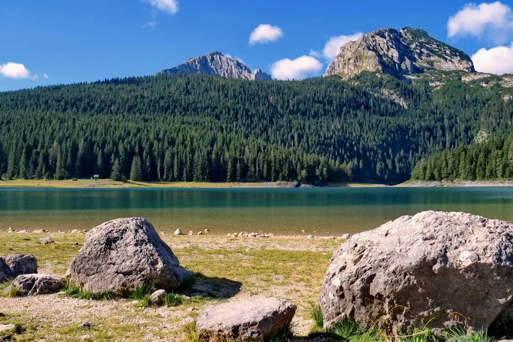 Black Lake in Durmitor, one of the best places to visit in Montenegro, surrounded by pine forest and mountain peaks