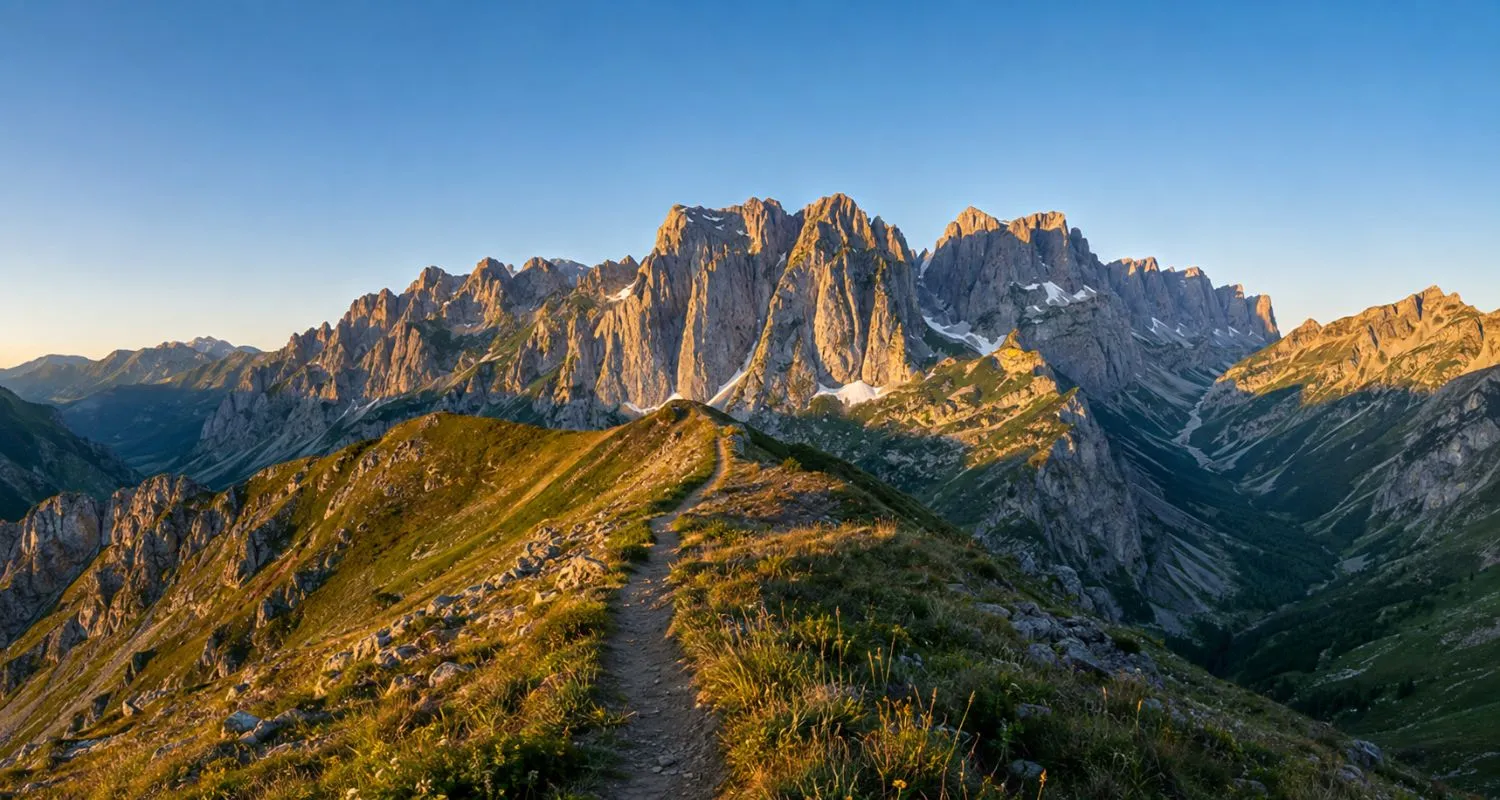 Mountain trail leading toward the peaks of Prokletije National Park at sunrise