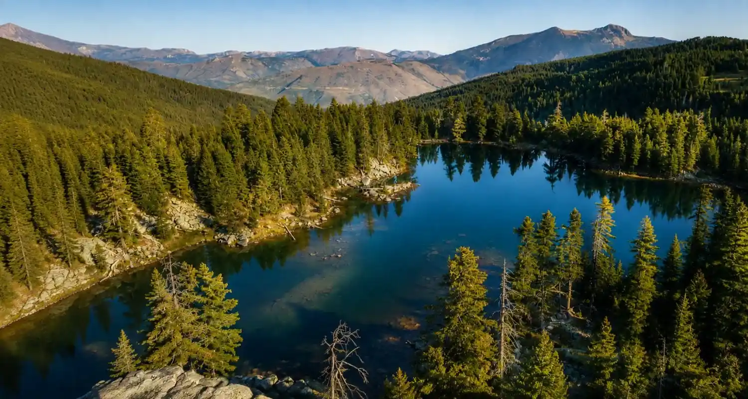 Hrid Lake surrounded by conifer forest in Prokletije National Park