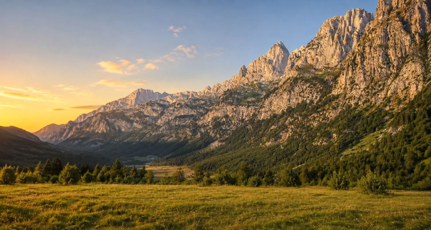 Ropojana and rocky peaks of Prokletije National Park glowing in the sunset light