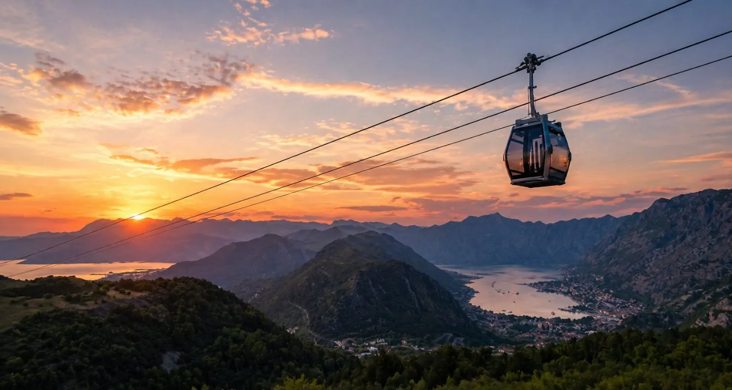 Kabina žičare Kotor–Lovćen pri zalasku sunca — jedna od najupečatljivijih aktivnosti tokom putovanja u Crnu Goru